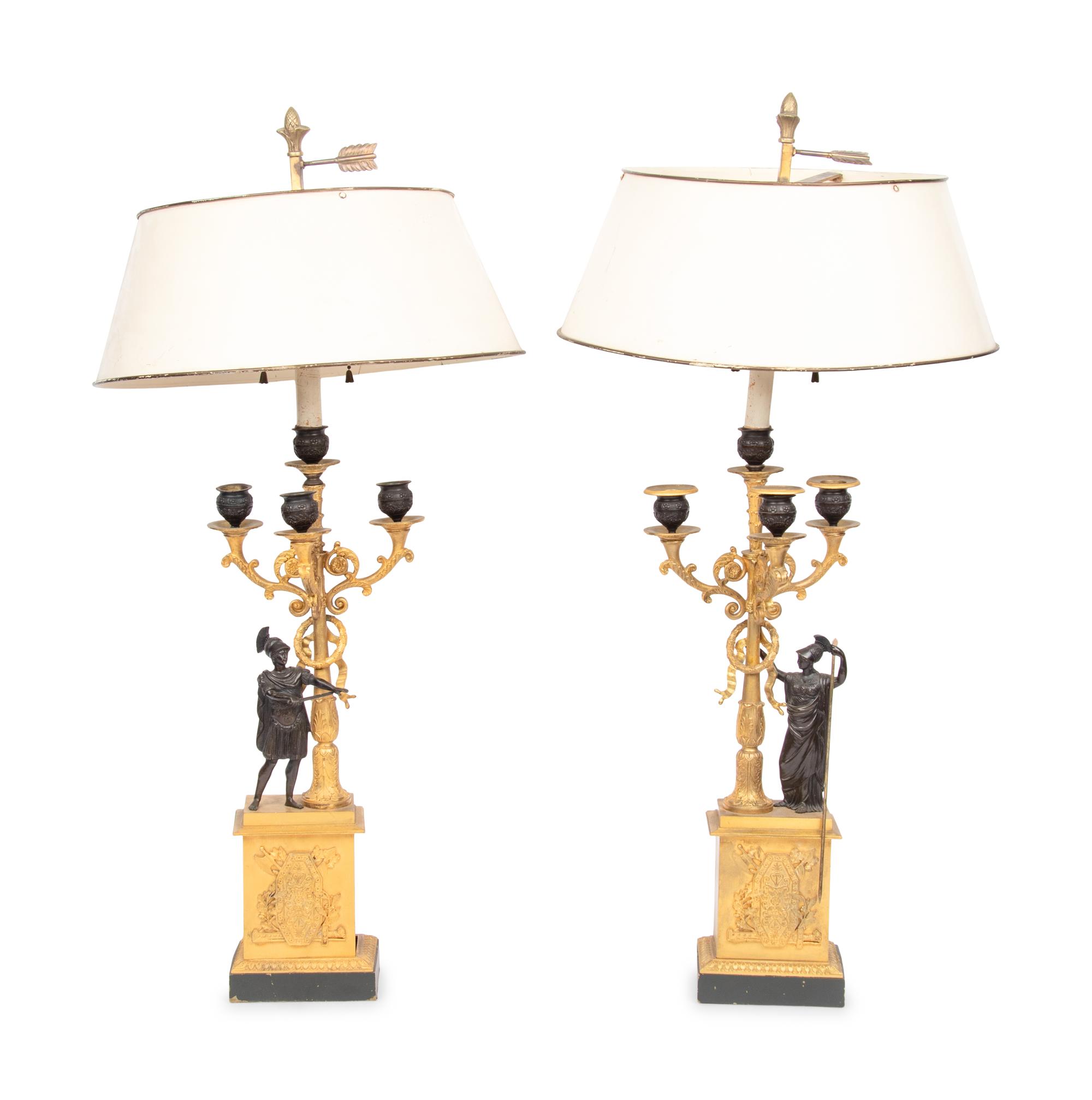 A Pair of Empire Gilt and Patinated Bronze Four-Light Candelabra
