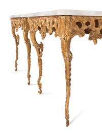 A Pair of North European Rococo Giltwood Marble-Top Console Tables