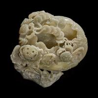 A Chinese carved greyish jade "Lotus, Crab and Fish" large brush washer 灰玉荷塘大洗子