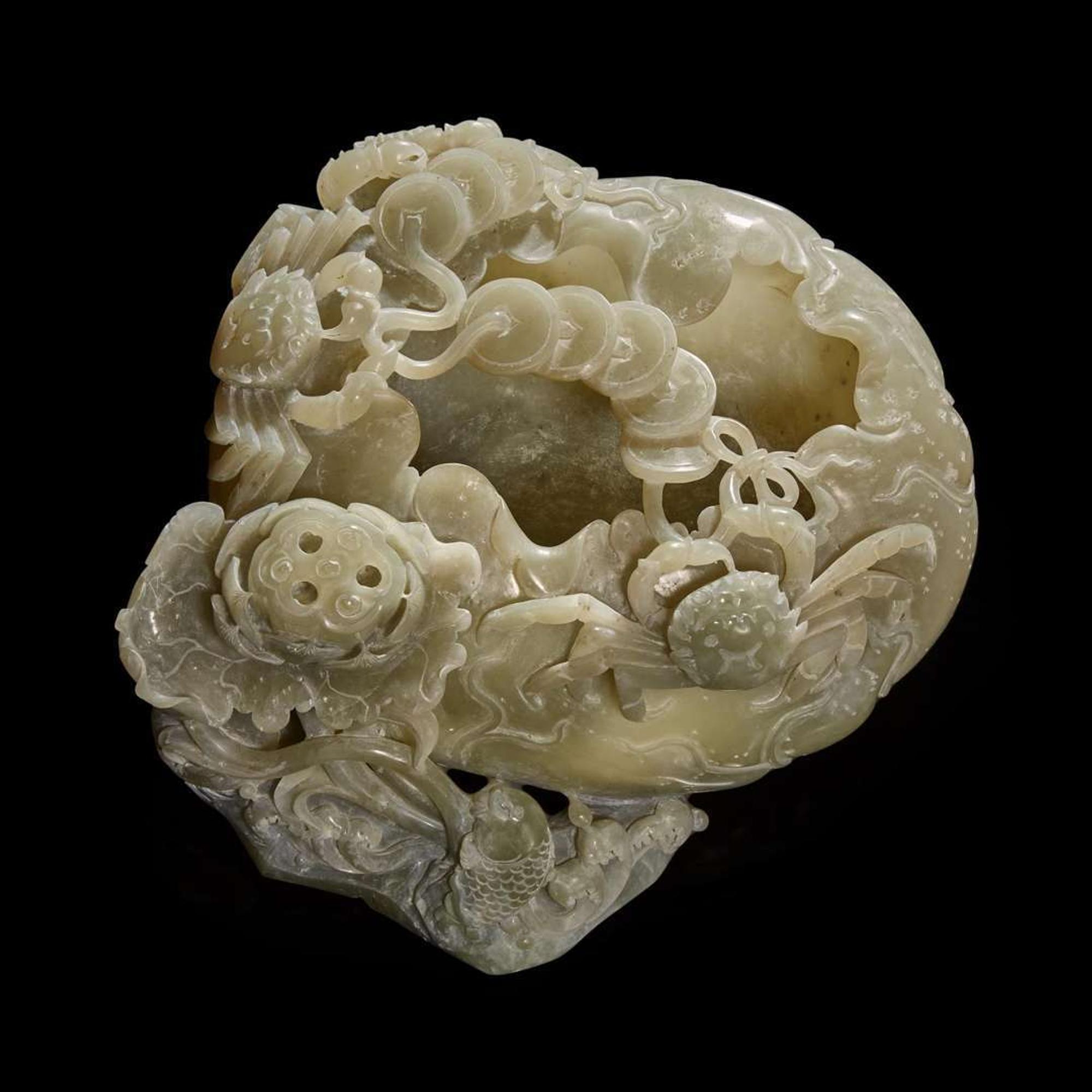 A Chinese carved greyish jade "Lotus, Crab and Fish" large brush washer 灰玉荷塘大洗子