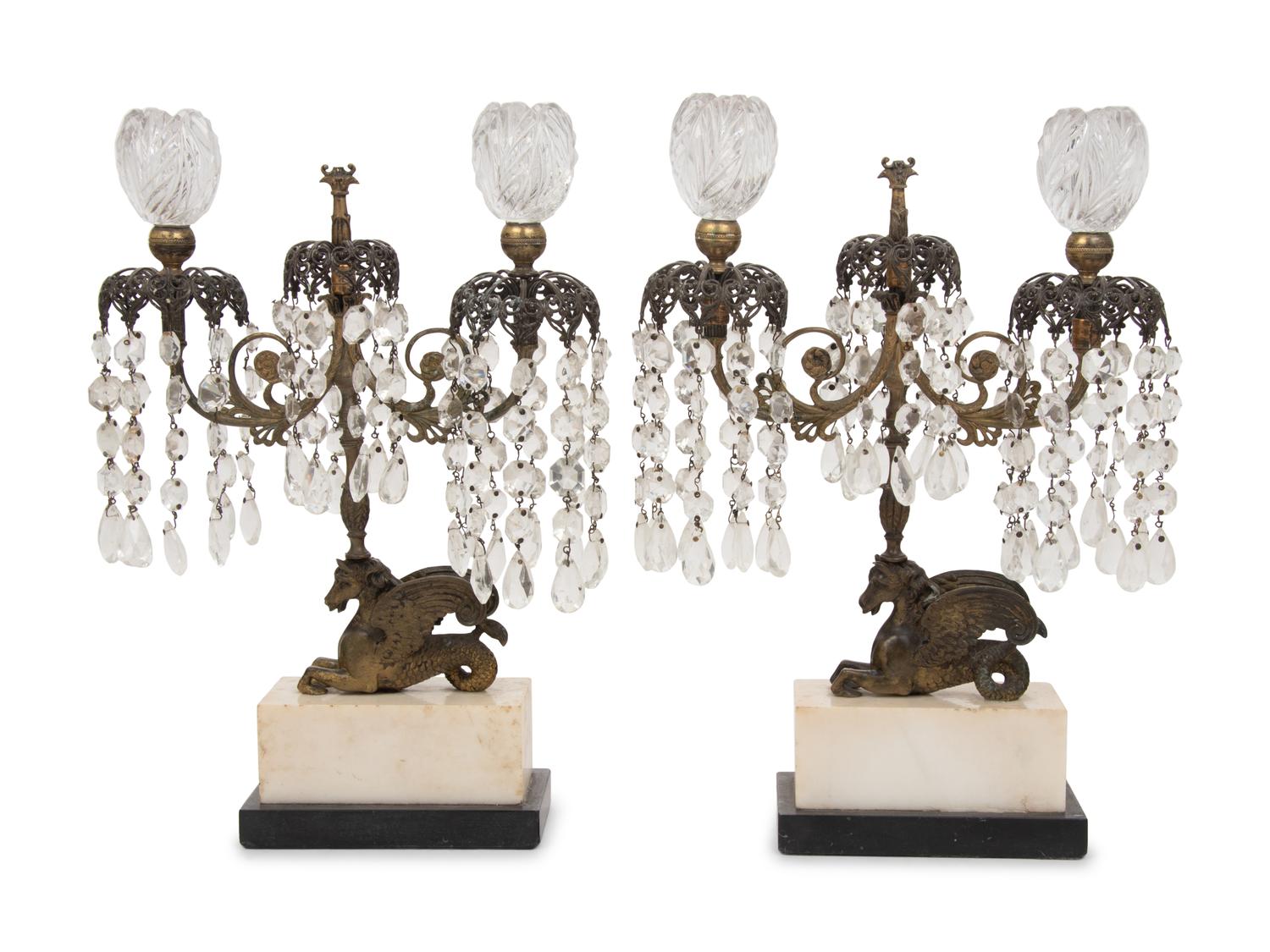 A Pair of Regency Gilt Bronze, Cut Glass and Marble Girandoles