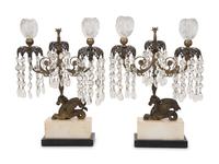 A Pair of Regency Gilt Bronze, Cut Glass and Marble Girandoles