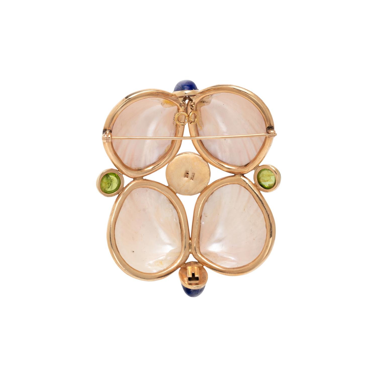 MARGUERITE STIX, YELLOW GOLD, SHELL AND MULTIGEM BROOCH
