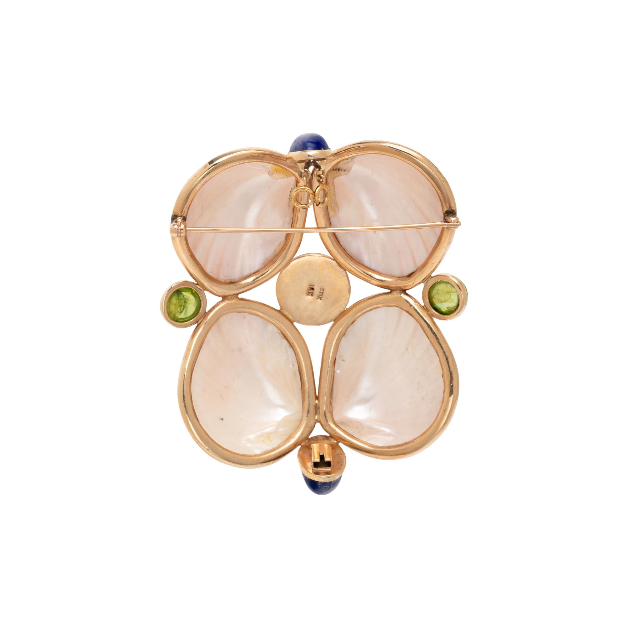 MARGUERITE STIX, YELLOW GOLD, SHELL AND MULTIGEM BROOCH