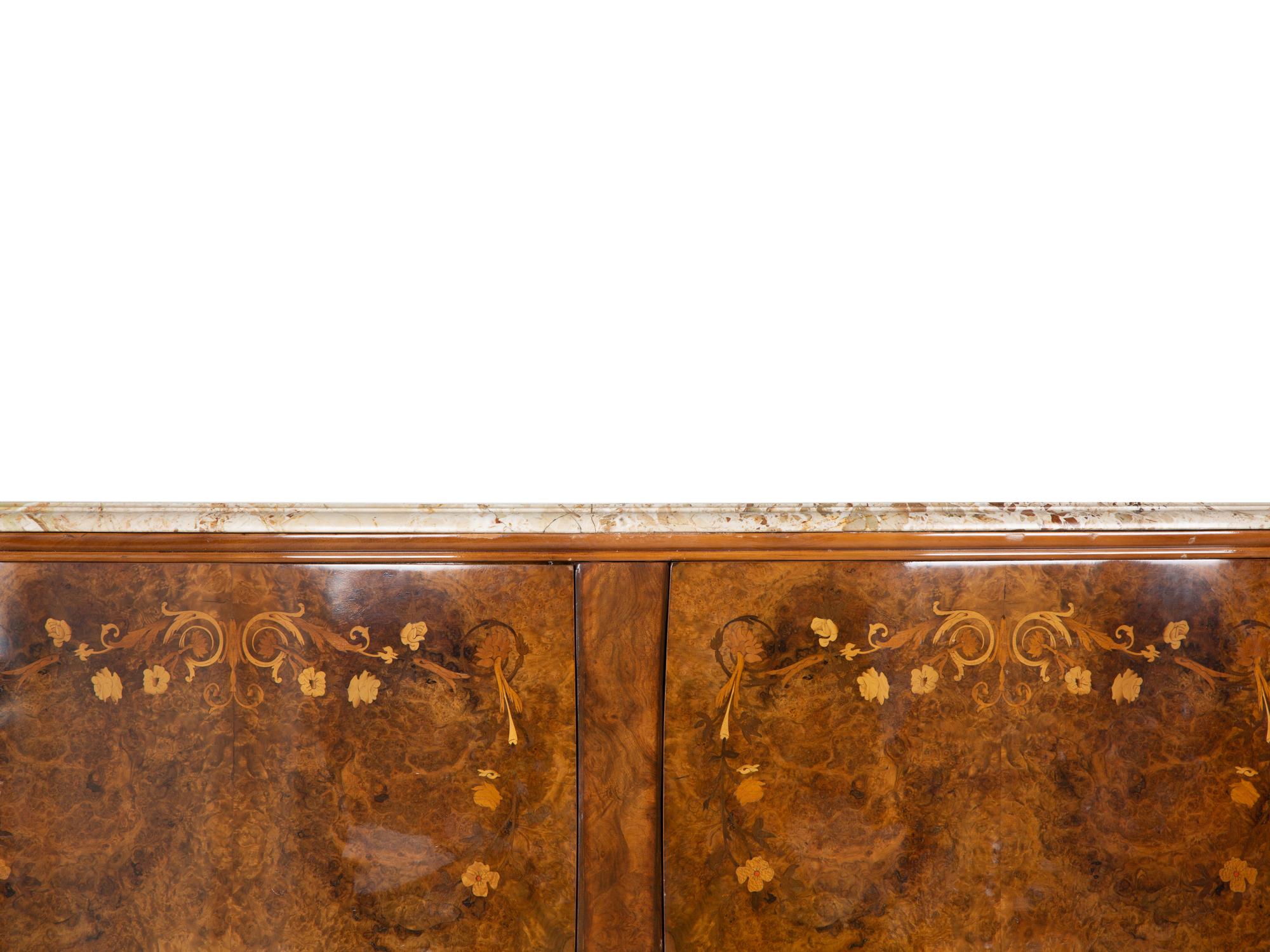 An Italian Burl Walnut and Marquetry Marble-Top Cabinet — CIRCA 1920