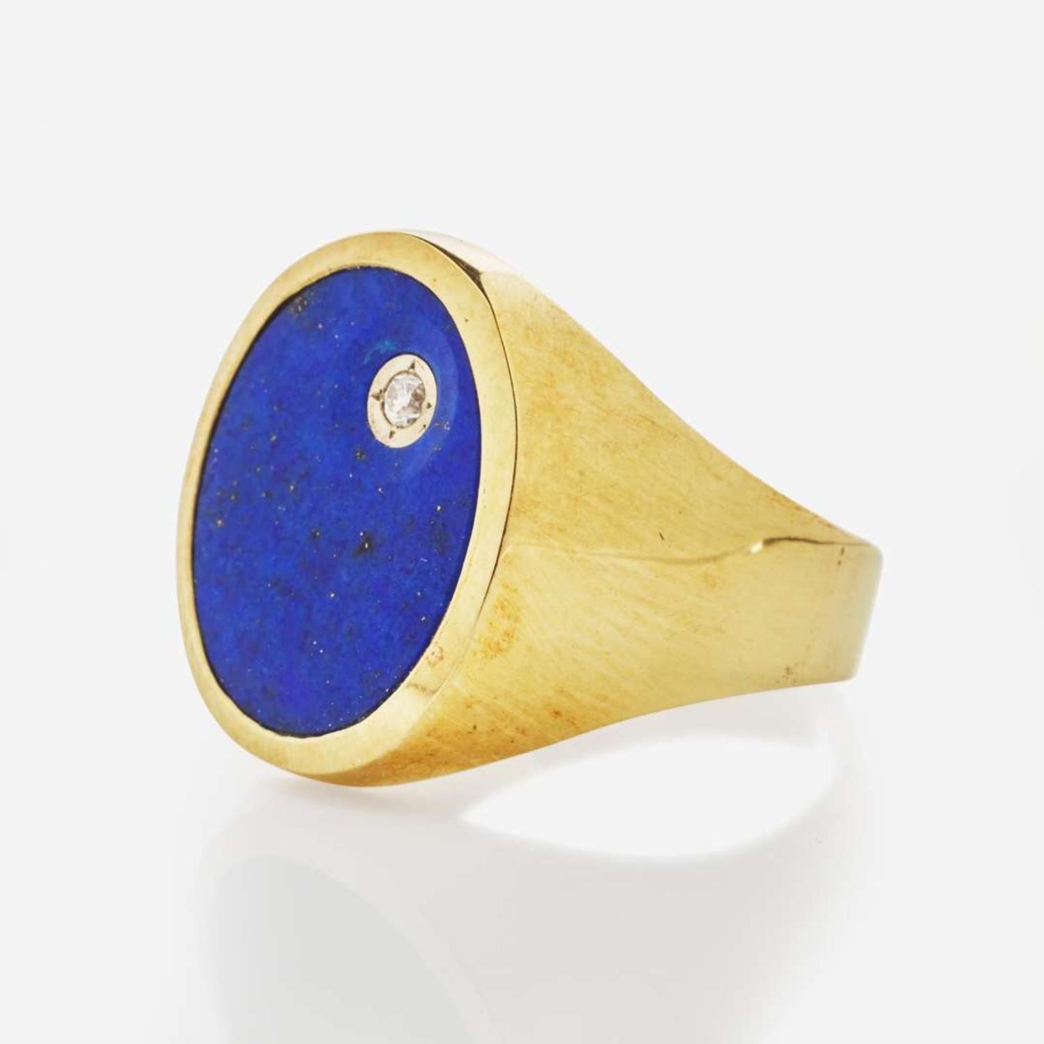 A 14K Yellow gold Lapis Lazuli and Diamond Signet Ring