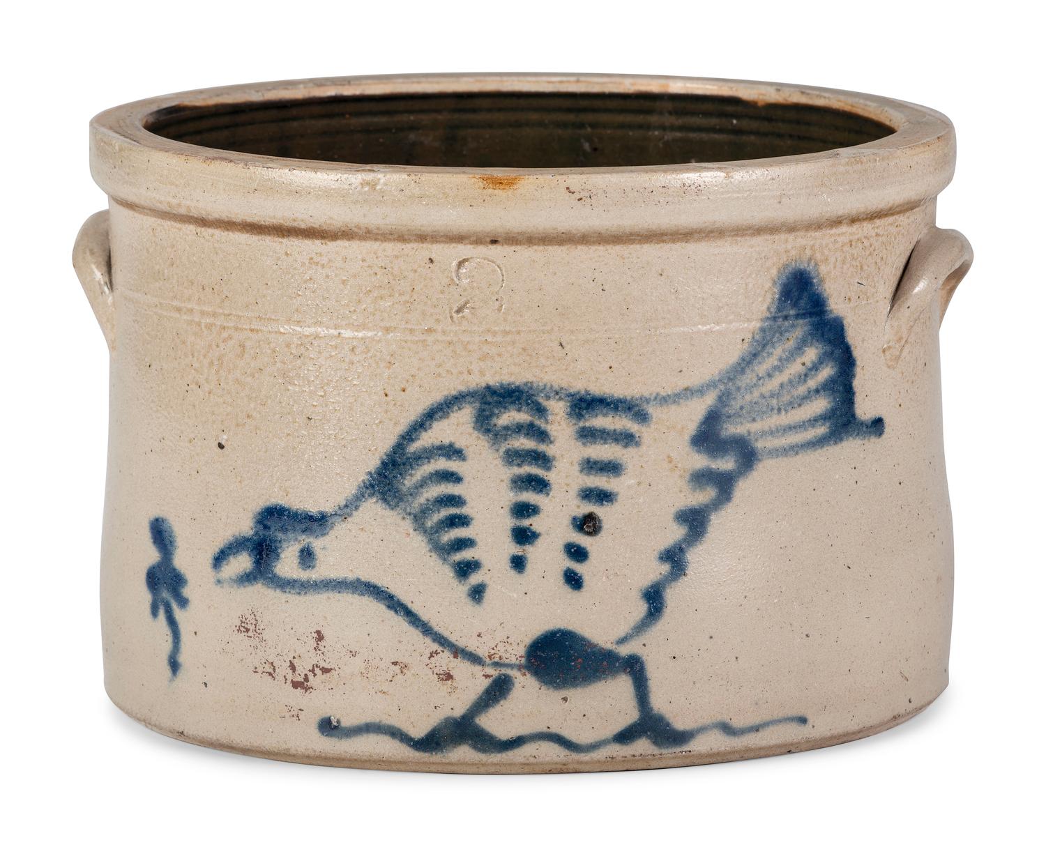A Rare Two-Gallon Stoneware Crock with Cobalt Chicken and Worm Decoration