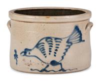A Rare Two-Gallon Stoneware Crock with Cobalt Chicken and Worm Decoration