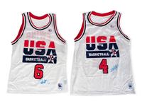 A Group of Two 1992 USA Olympic Basketball (Dream Team) Signed Basketball Jerseys Including Patrick Ewing (Beckett Authentication Services BAS Certified),