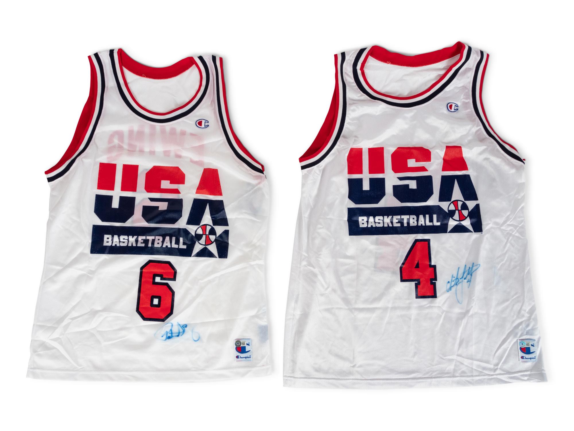 A Group of Two 1992 USA Olympic Basketball (Dream Team) Signed Basketball Jerseys Including Patrick Ewing (Beckett Authentication Services BAS Certified),