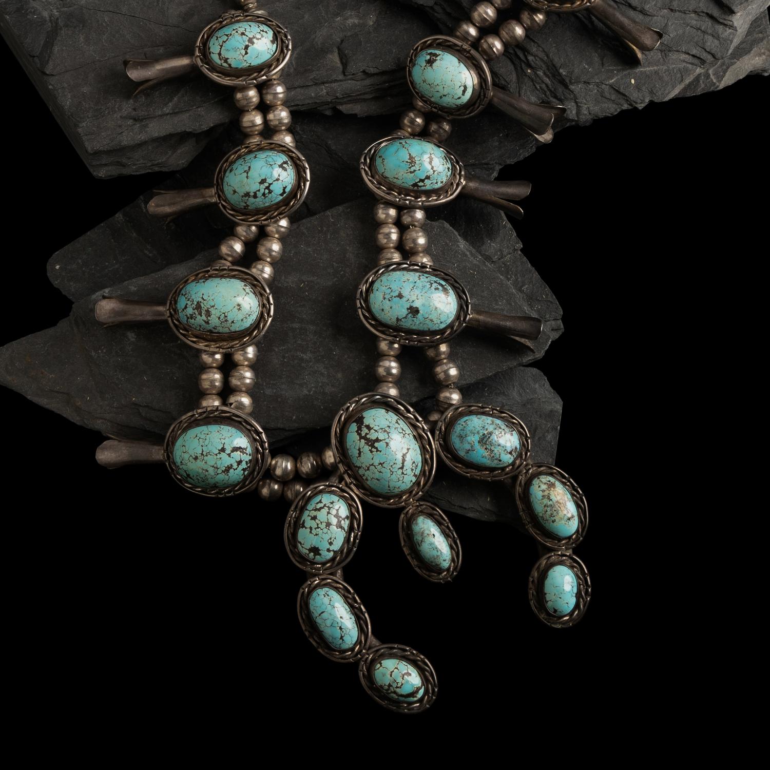 Large Navajo Silver and Turquoise Squash Blossom Necklace
