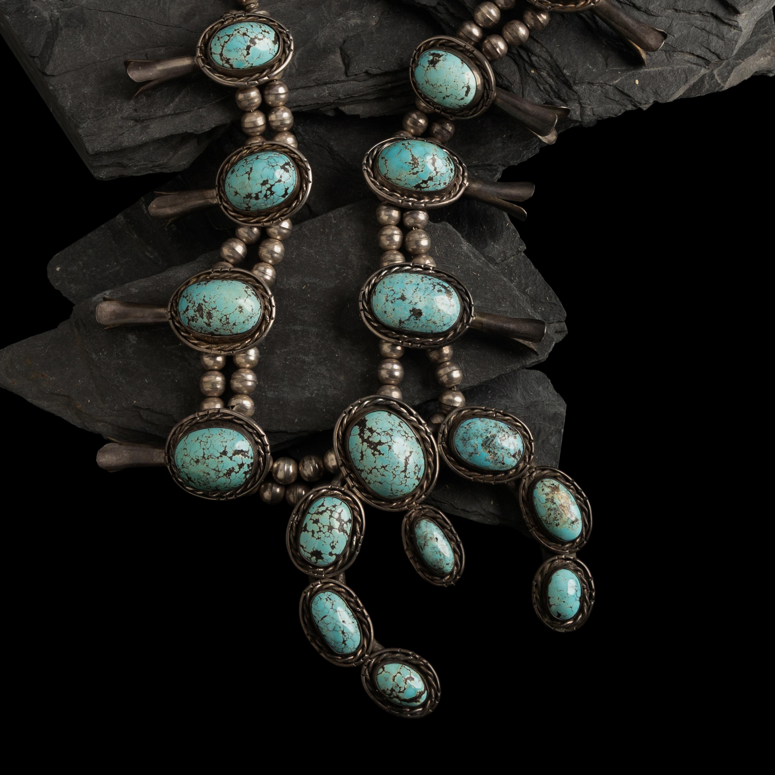 Large Navajo Silver and Turquoise Squash Blossom Necklace