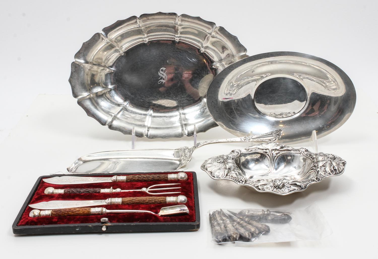 A Collection of American Silver Table Articles, various makers, comprising three dishes, a Gorham Mfg. Co. crumber and an antler-handle