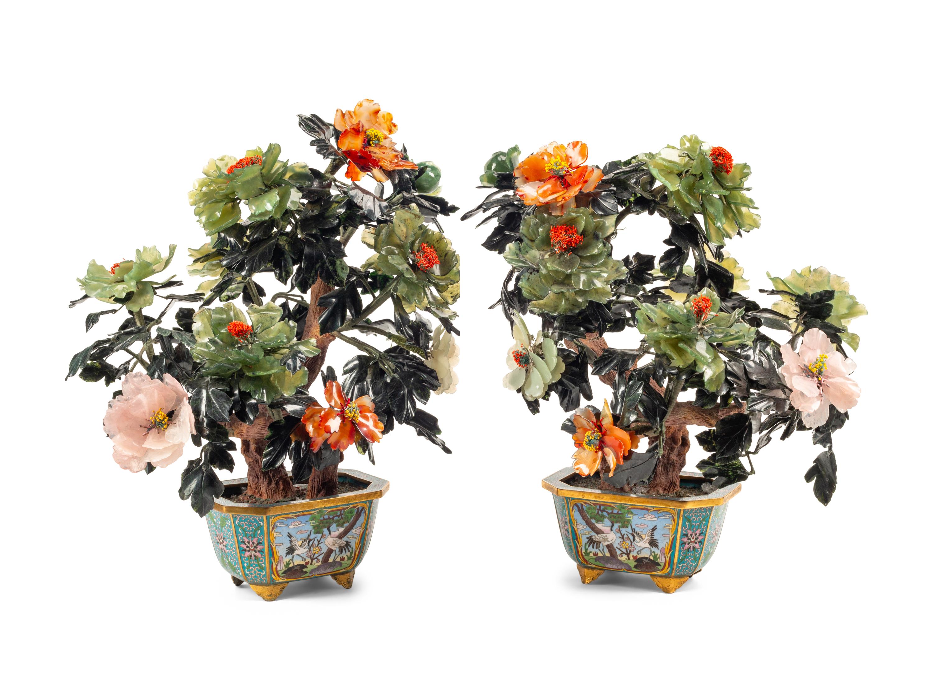 A Pair of Large Chinese Hardstone Models of Flowering Trees