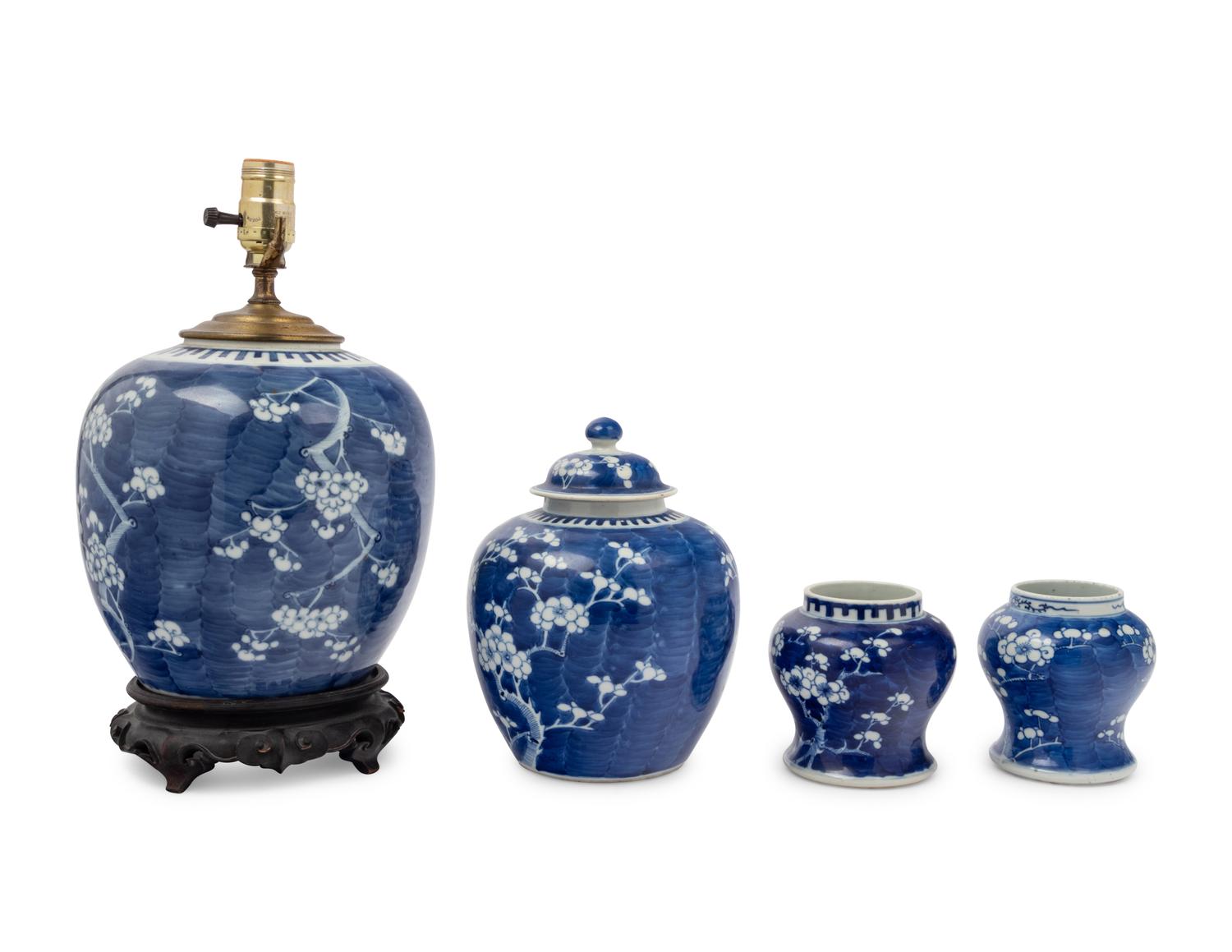 Four Chinese Blue and White Porcelain 'Crackled Ice and Prunus' Jars