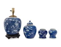 Four Chinese Blue and White Porcelain 'Crackled Ice and Prunus' Jars