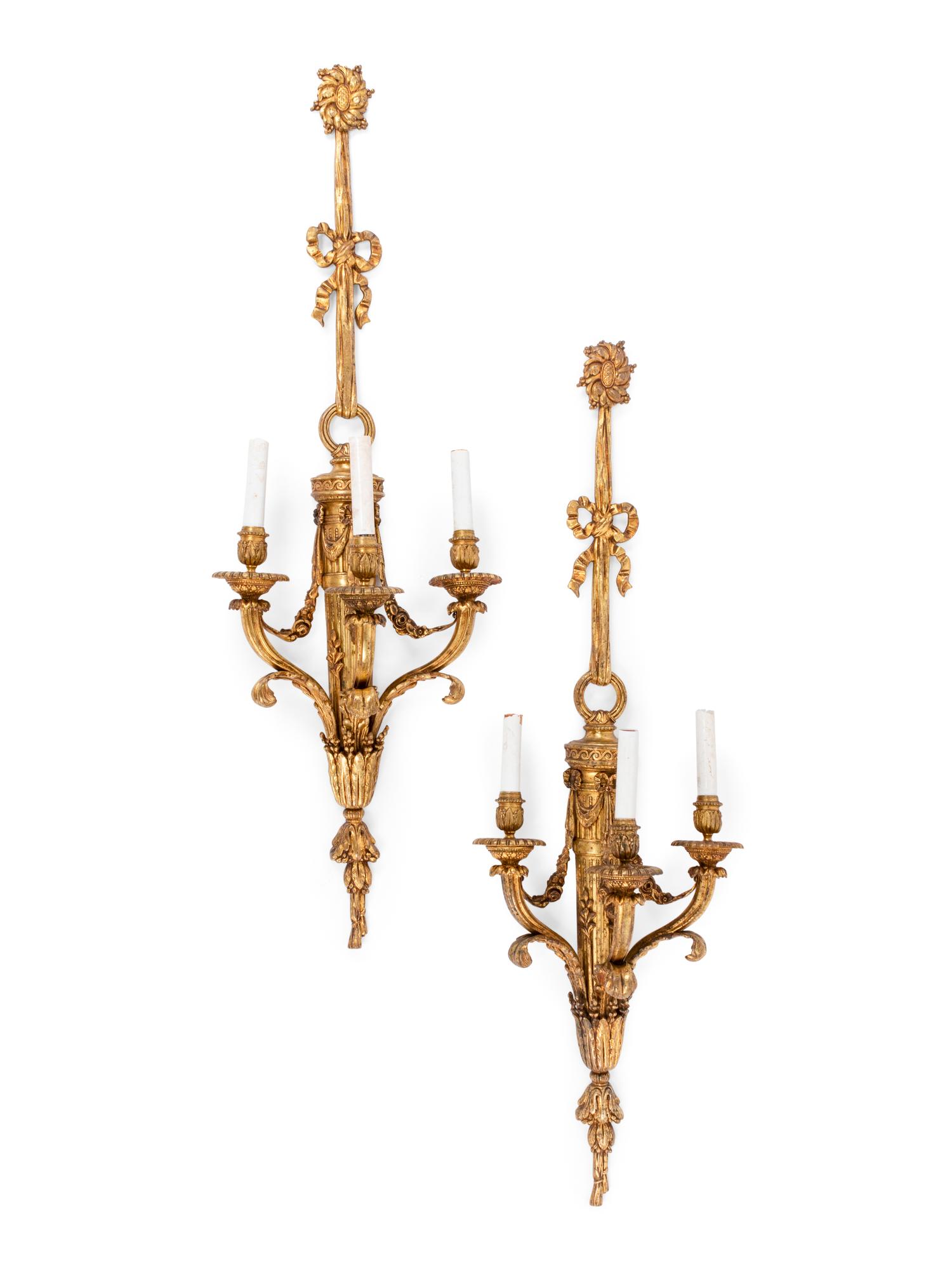 A Pair of Louis XVI Style Gilt Bronze Three-Light Sconces