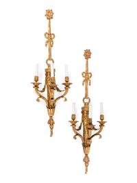 A Pair of Louis XVI Style Gilt Bronze Three-Light Sconces