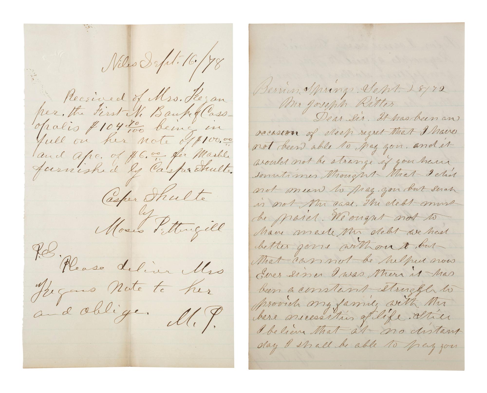[MICHIGAN]. A group of documents related to Michigan merchant Asa Kingsbury, including: