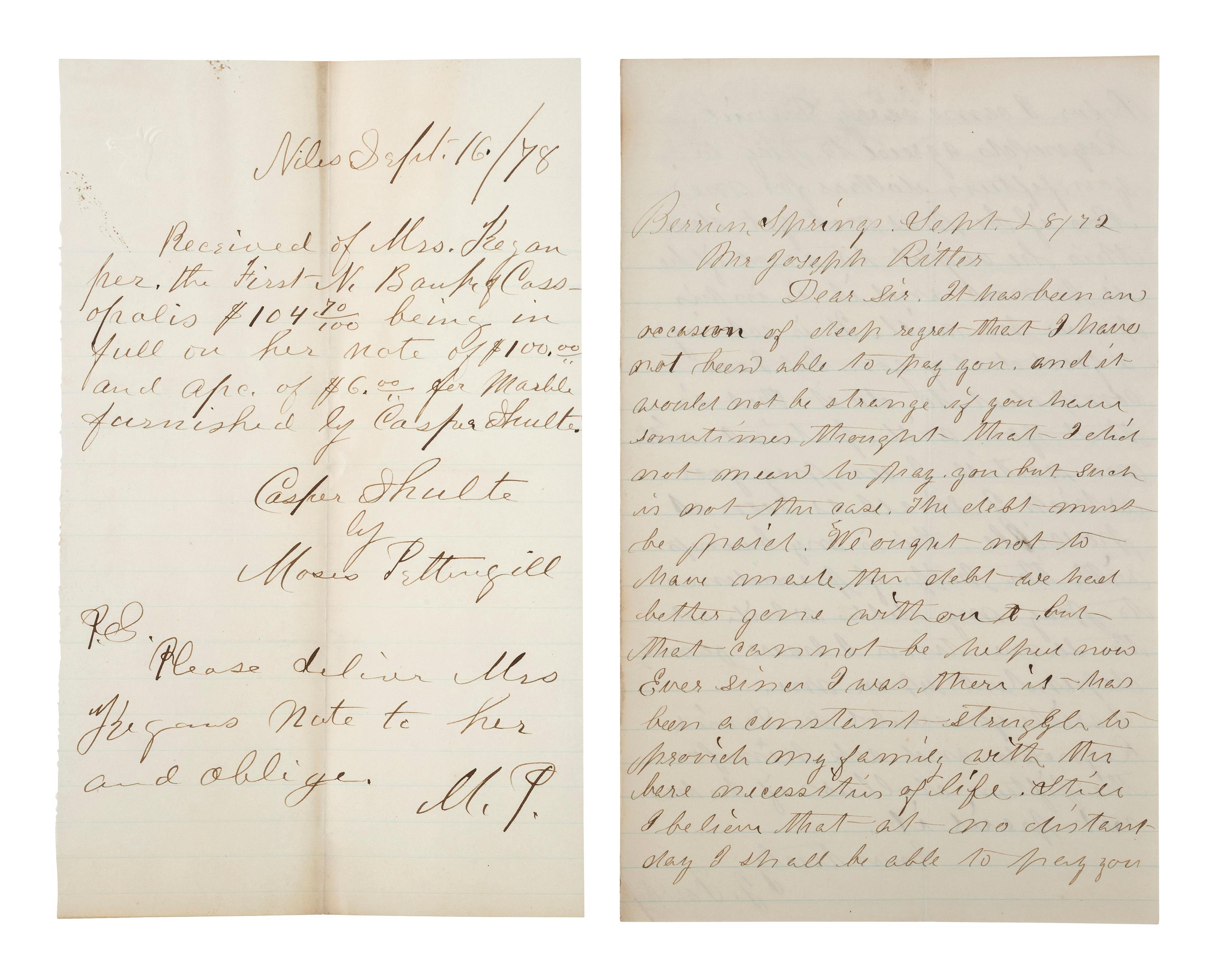 [MICHIGAN]. A group of documents related to Michigan merchant Asa Kingsbury, including: