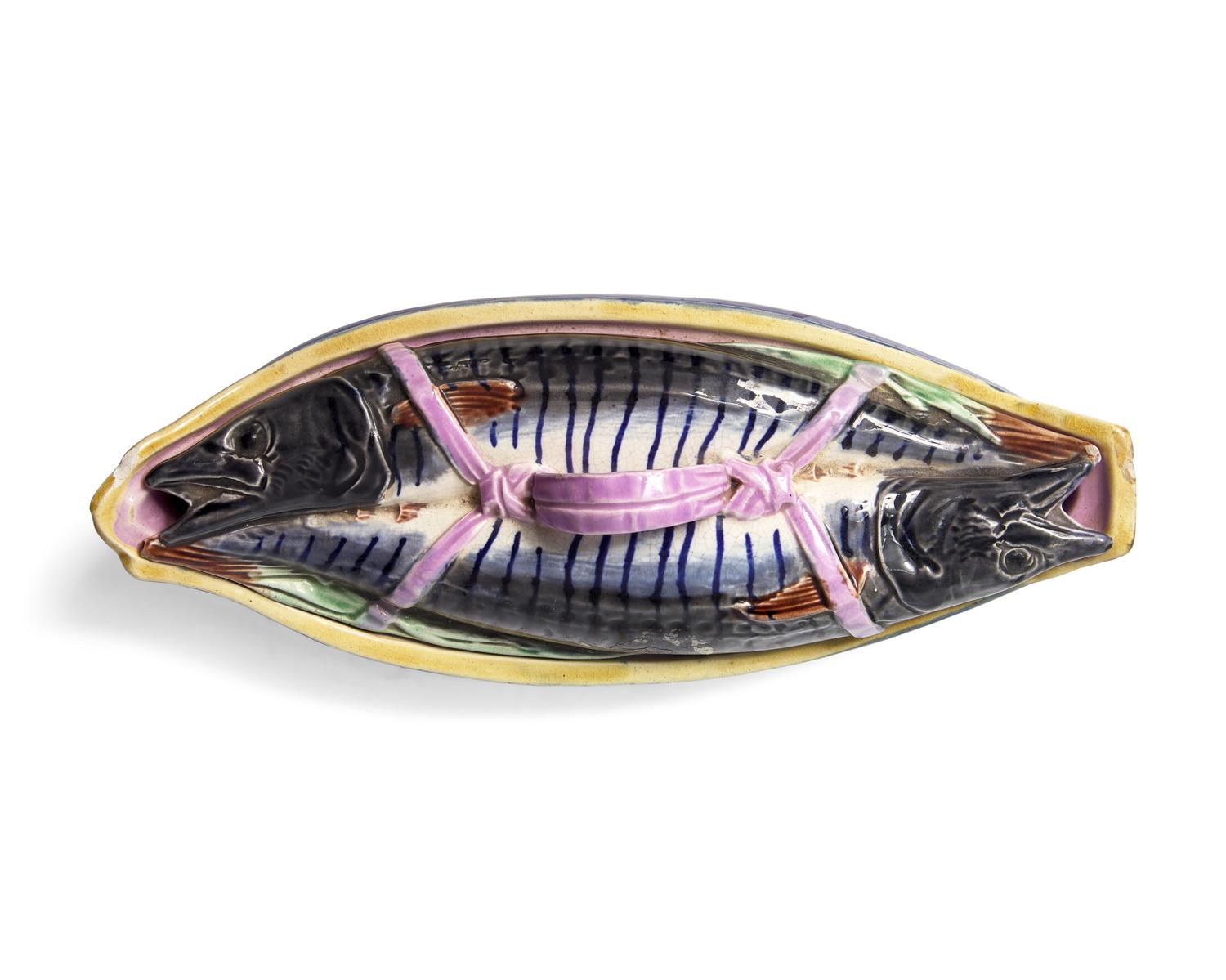 An English Majolica Covered Mackerel Server