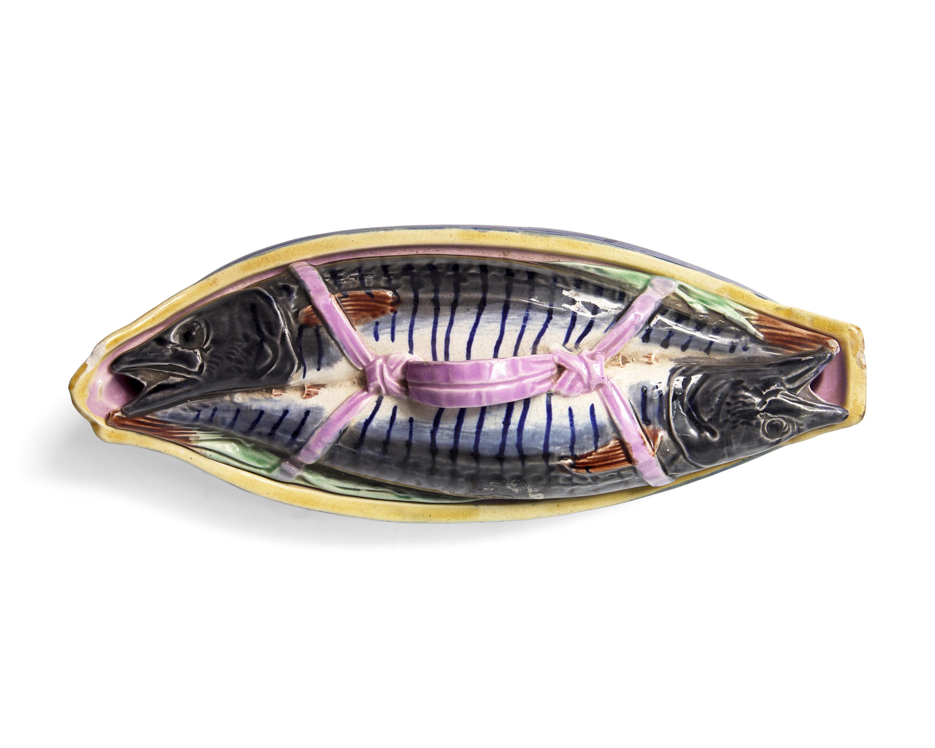 An English Majolica Covered Mackerel Server
