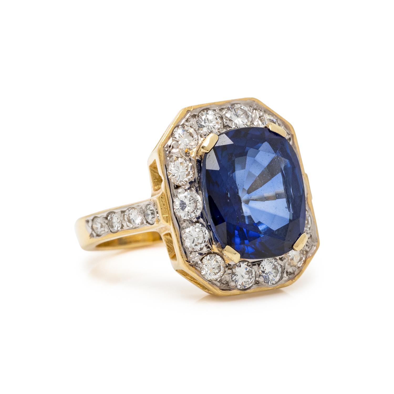SAPPHIRE, DIAMOND, AND YELLOW GOLD RING