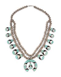 Zuni Silver and Channel Inlay Squash Blossom Necklace
