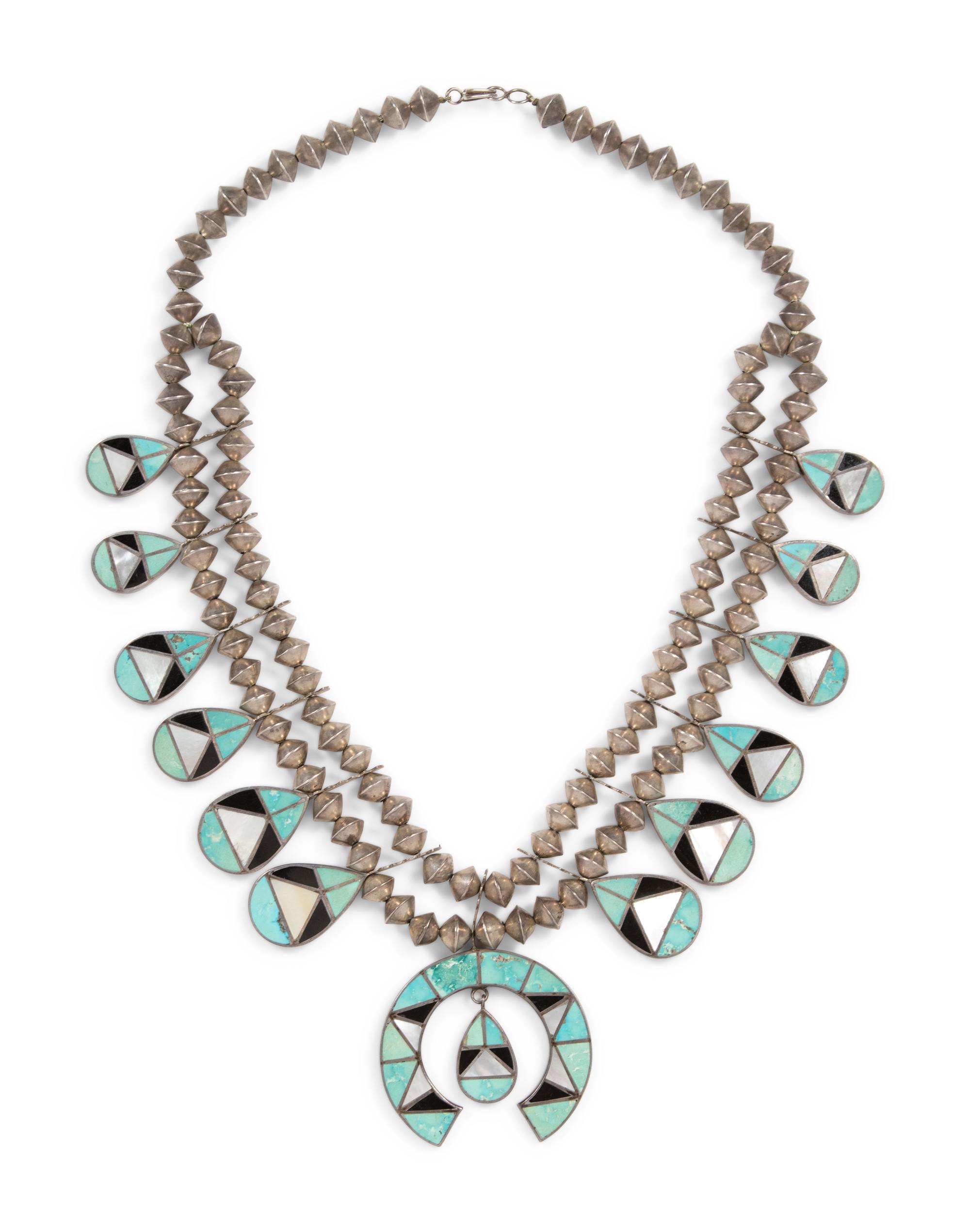 Zuni Silver and Channel Inlay Squash Blossom Necklace