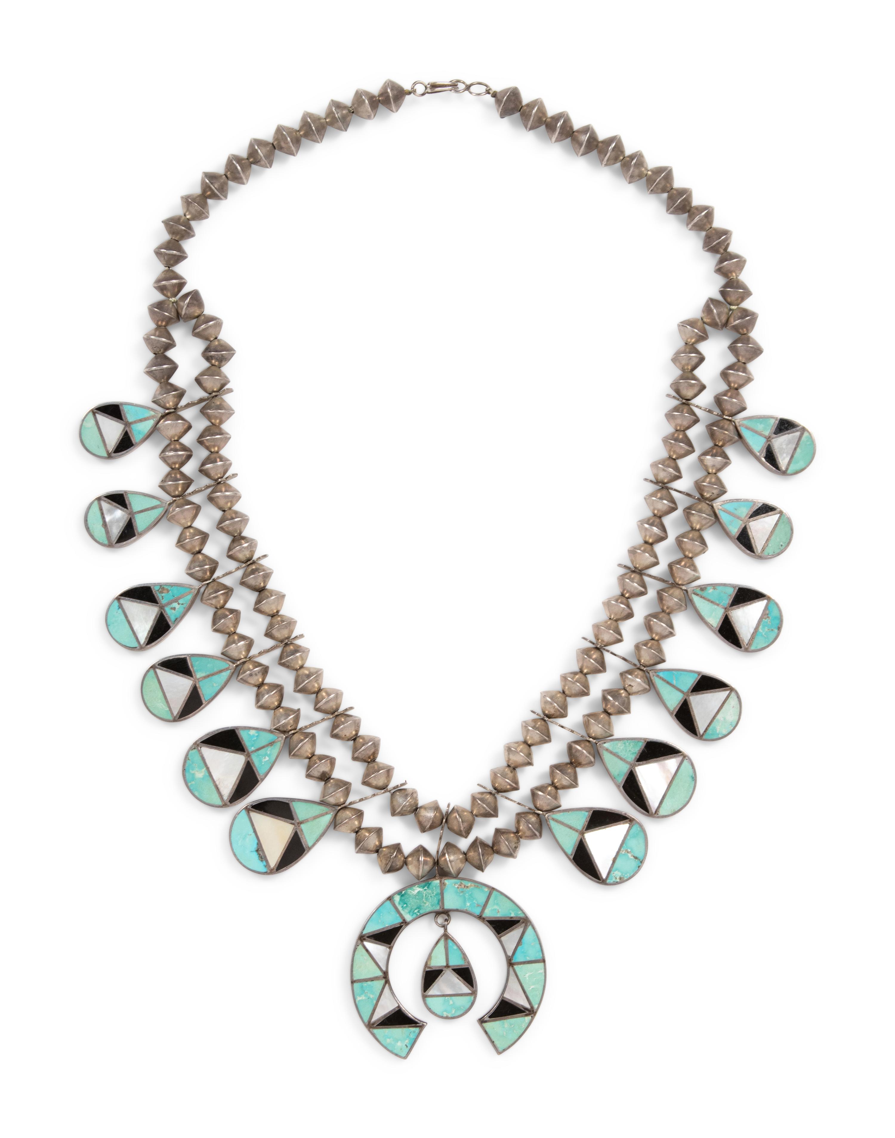 Zuni Silver and Channel Inlay Squash Blossom Necklace