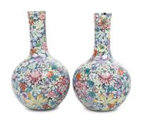 A Pair Chinese Famille Rose ‘Millefleurs’ Porcelain Bottle Vases