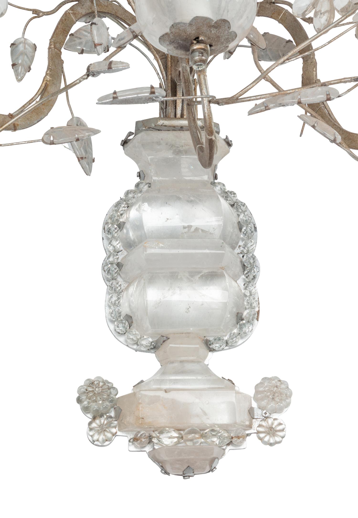 A Pair of Silvered Metal and Rock Crystal Five-Light Sconces in the Style of Maison Baguès