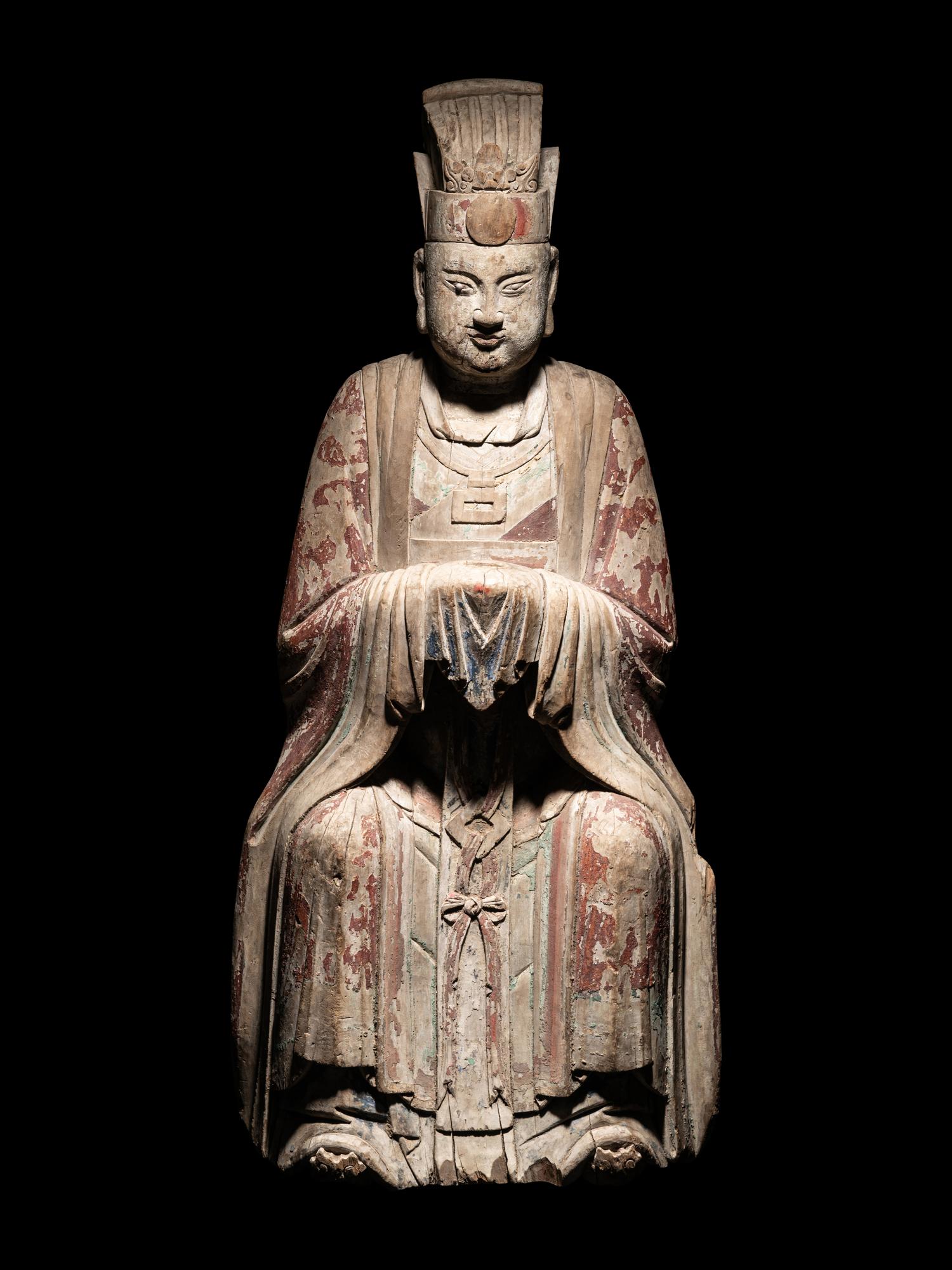 Two Large Carved Wood Figures of Seated Daoist Immortals