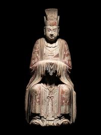 Two Large Carved Wood Figures of Seated Daoist Immortals