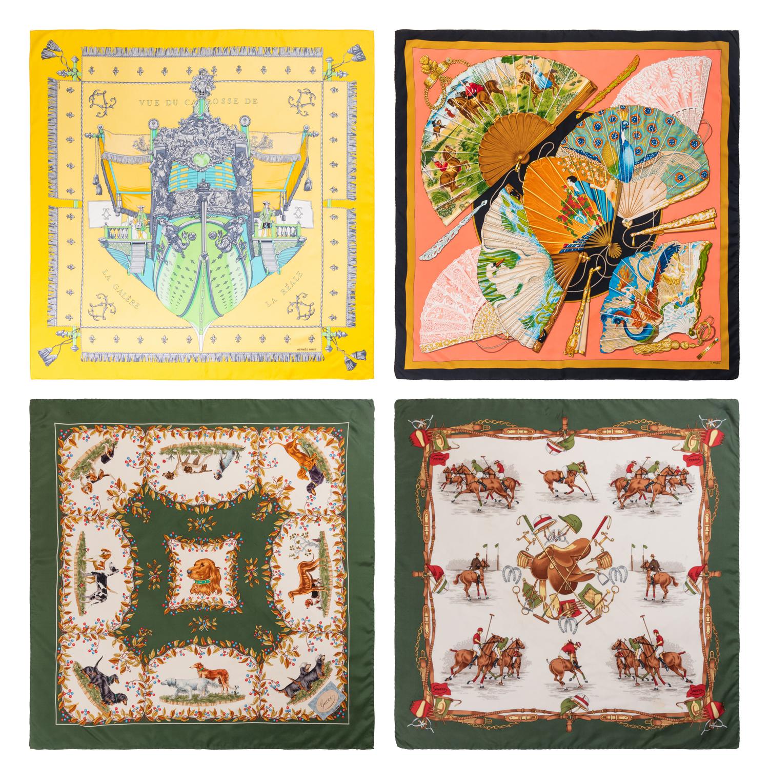 Four Designer Scarves: Two Hermès, Two Gucci
