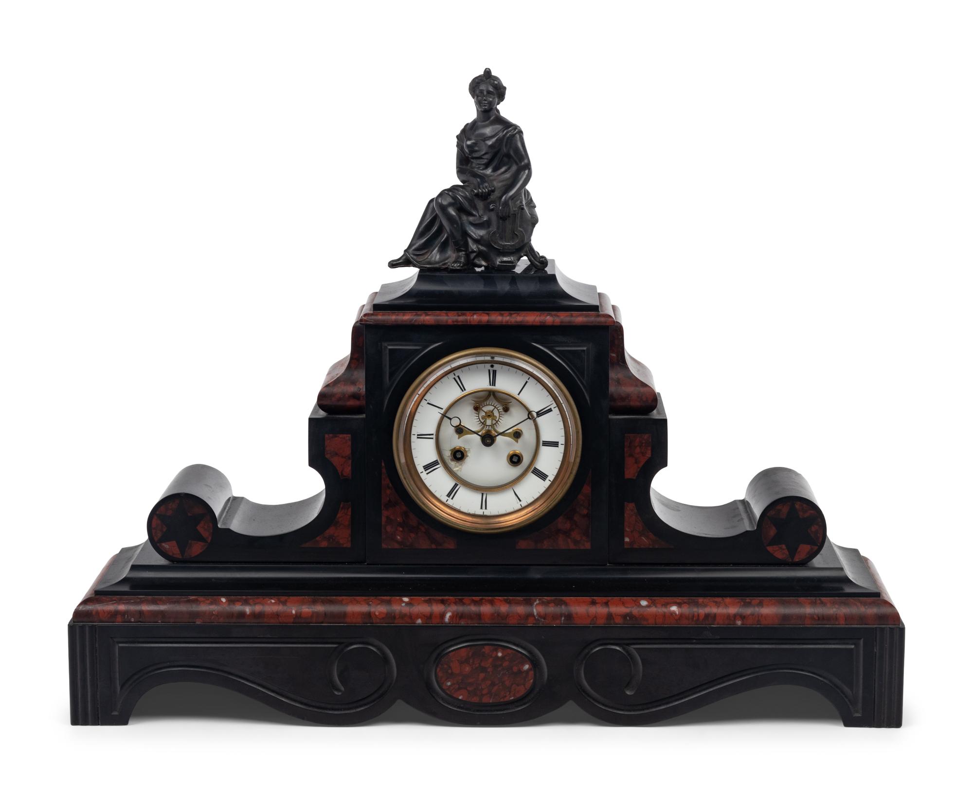 A French Metal, Marble and Slate Mantel Clock
