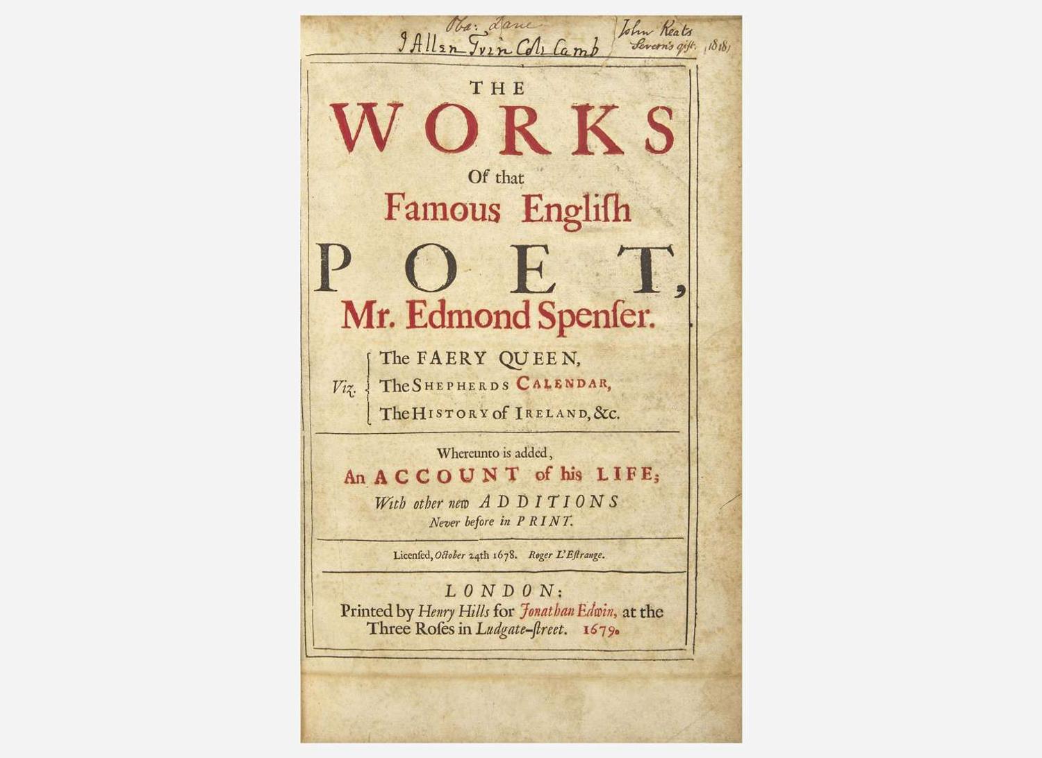 [Literature] [Keats, John] Spenser, Edmund: The Works of that Famous English Poet, Mr. Edmond Spenser...