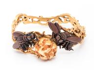 A 14 Karat Yellow Gold, Shakudo and Bone Bangle Bracelet,