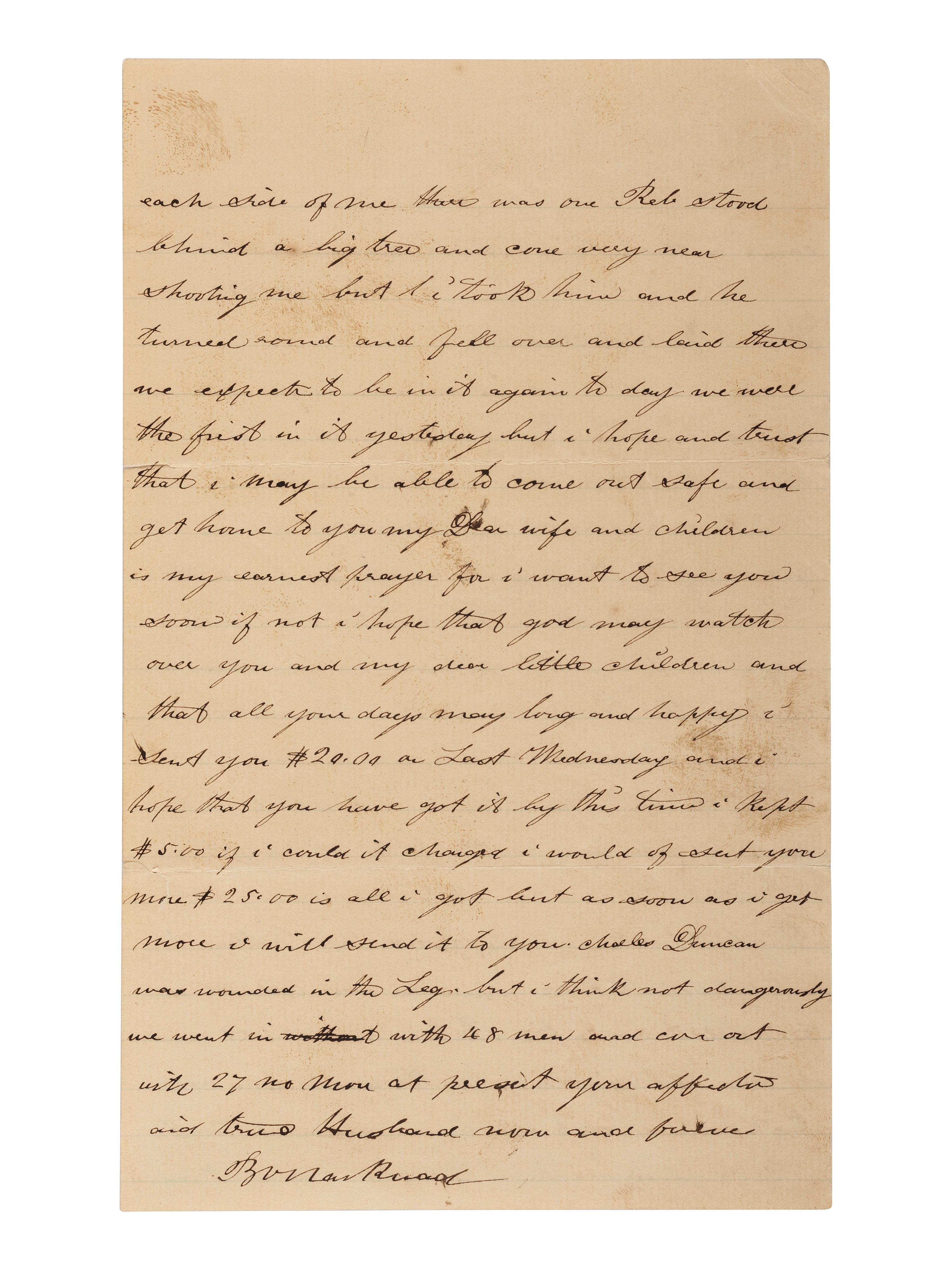 [CIVIL WAR]. Soldier's letter describing the Battle of Fredericksburg. "Camp on Battle Field on the Rappanhannock [sic]," 14 December 1862.