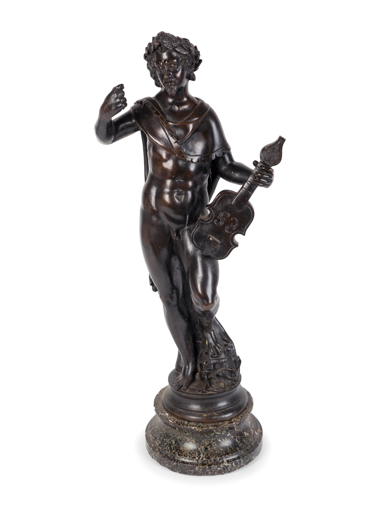 A Continental Patinated Bronze Figure of a Satyr Violinist — 20TH CENTURY