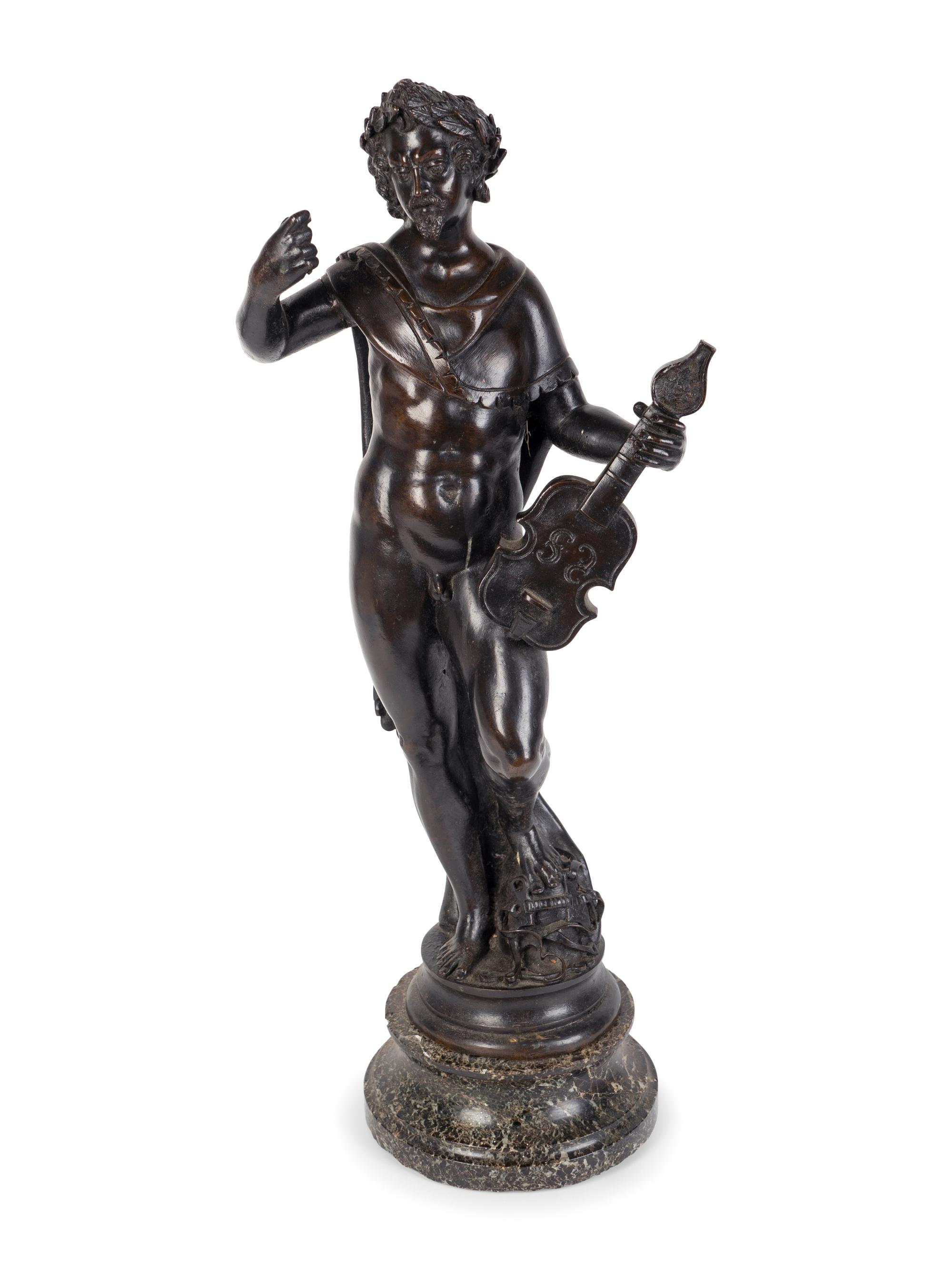 A Continental Patinated Bronze Figure of a Satyr Violinist — 20TH CENTURY
