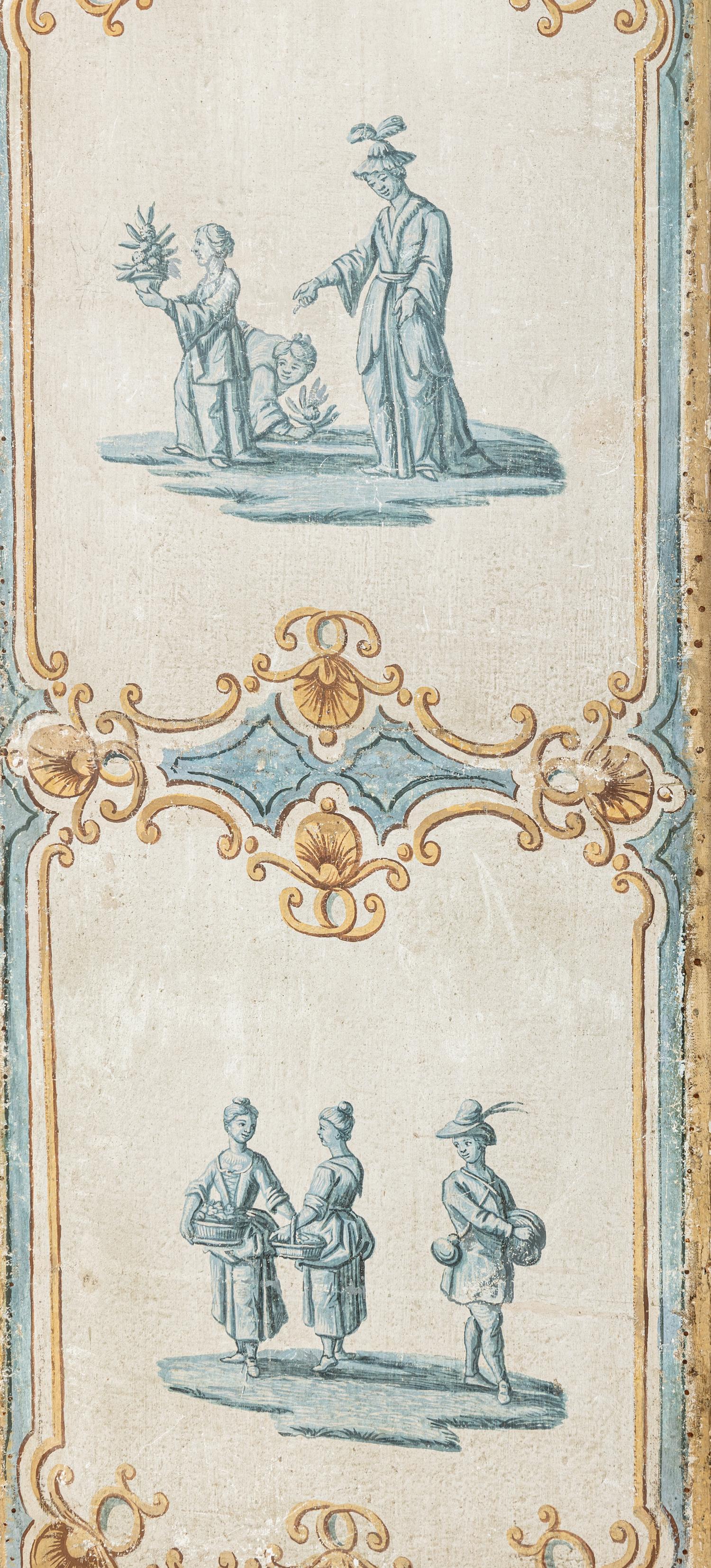 A Louis XV Painted Canvas Five-Panel Floor Screen