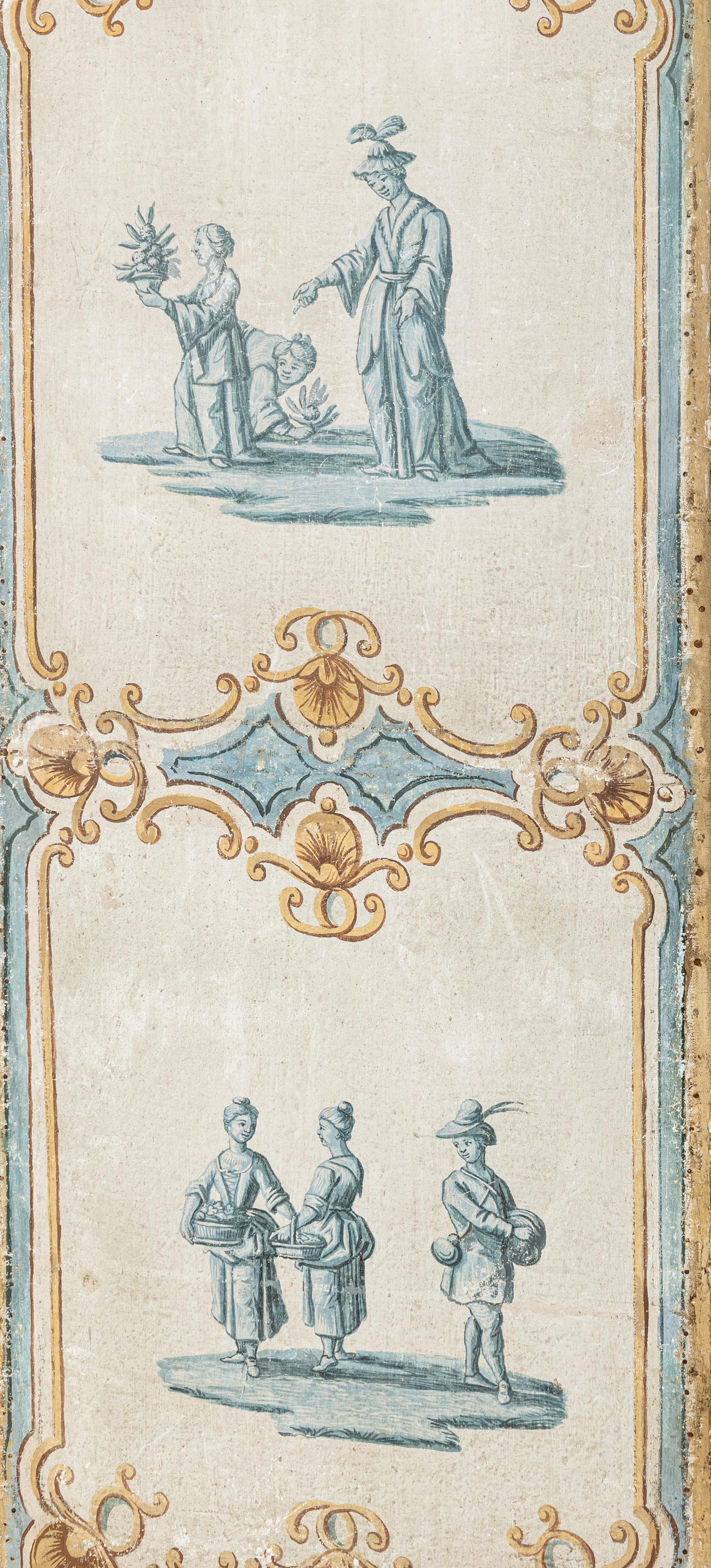 A Louis XV Painted Canvas Five-Panel Floor Screen