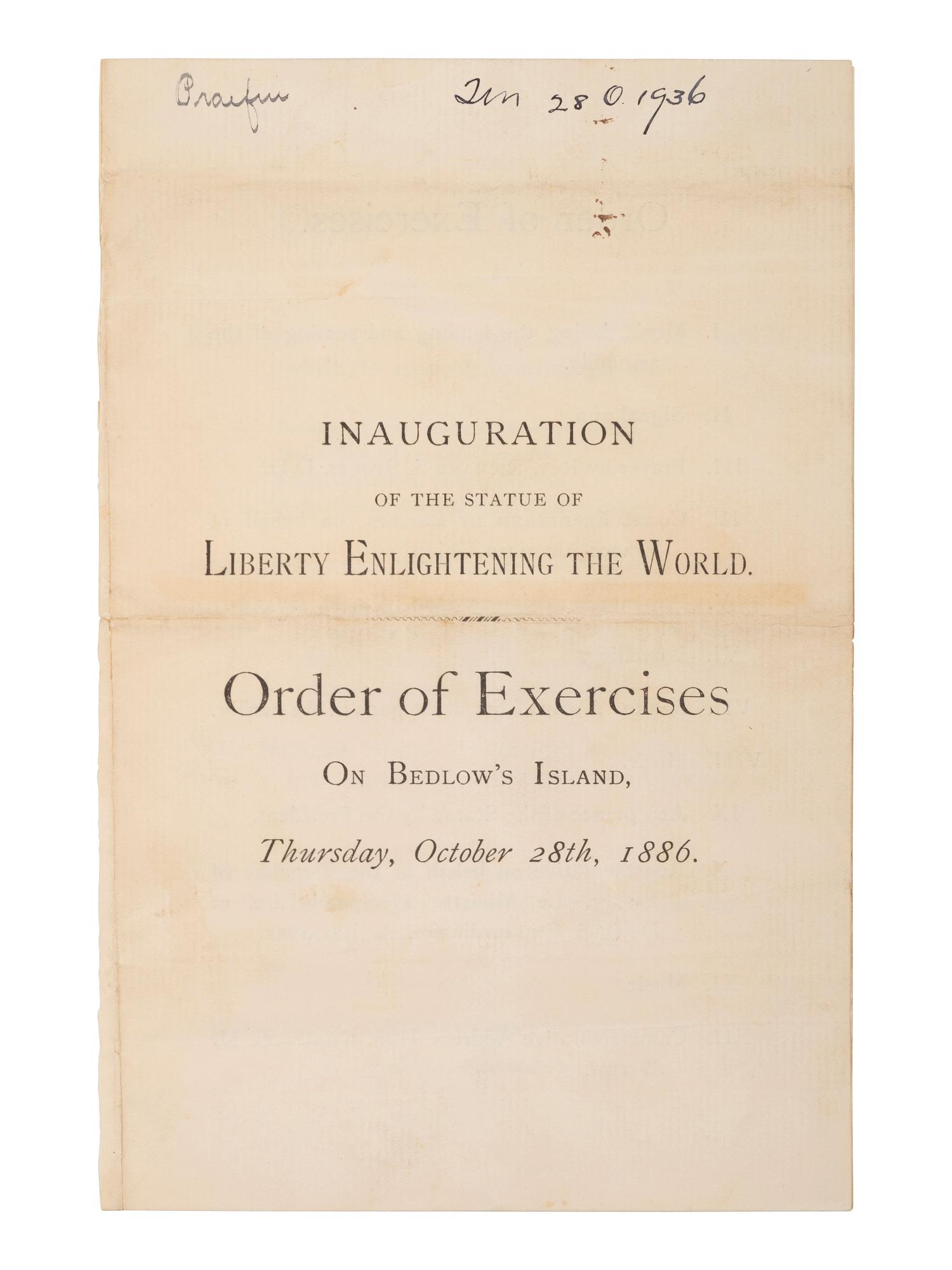 [NEW YORK]. A group of 3 items celebrating the unveiling of the Statue of Liberty, incl. Tiffany invitation, silk souvenir ribbon, and program.