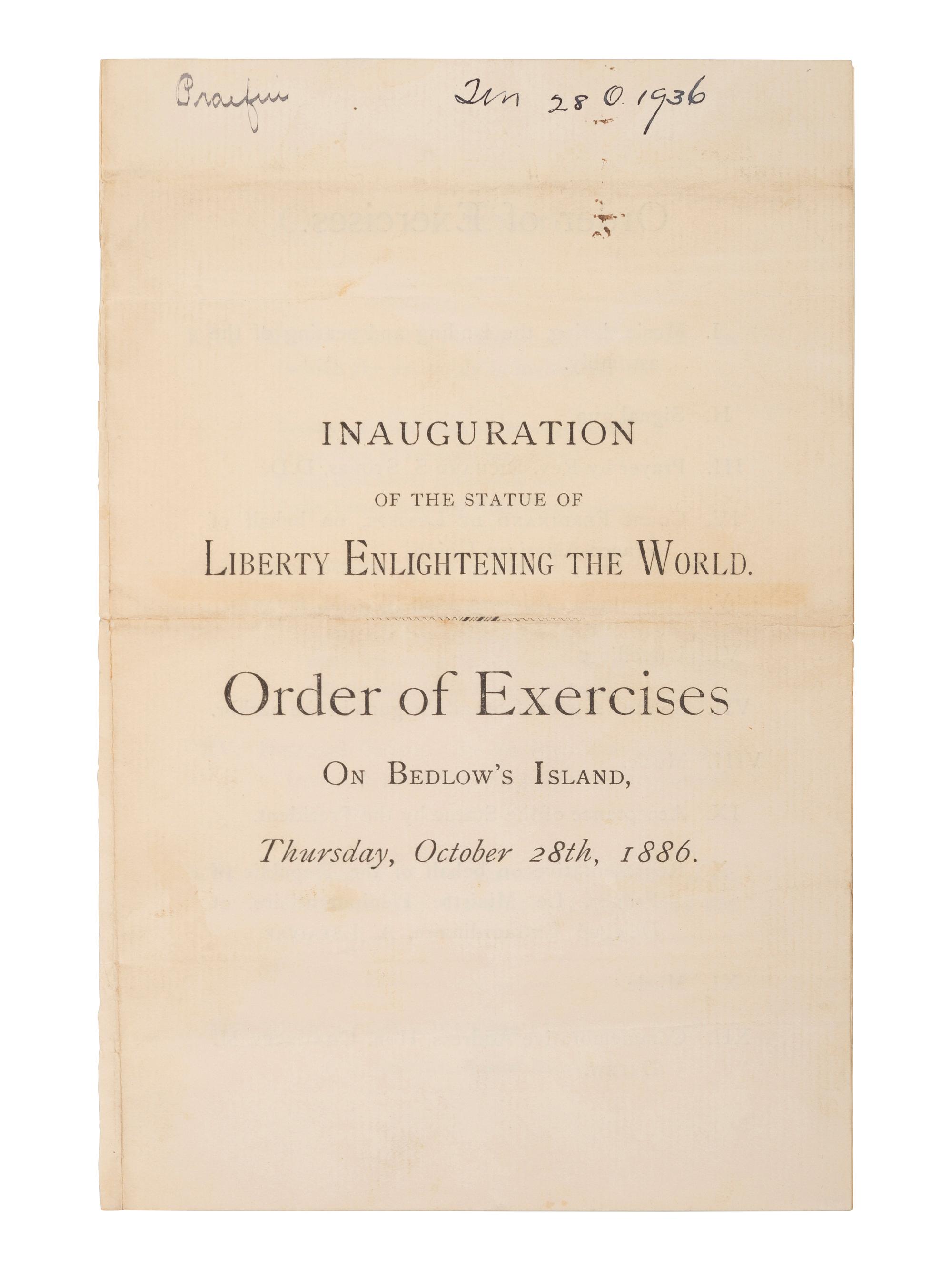 [NEW YORK]. A group of 3 items celebrating the unveiling of the Statue of Liberty, incl. Tiffany invitation, silk souvenir ribbon, and program.