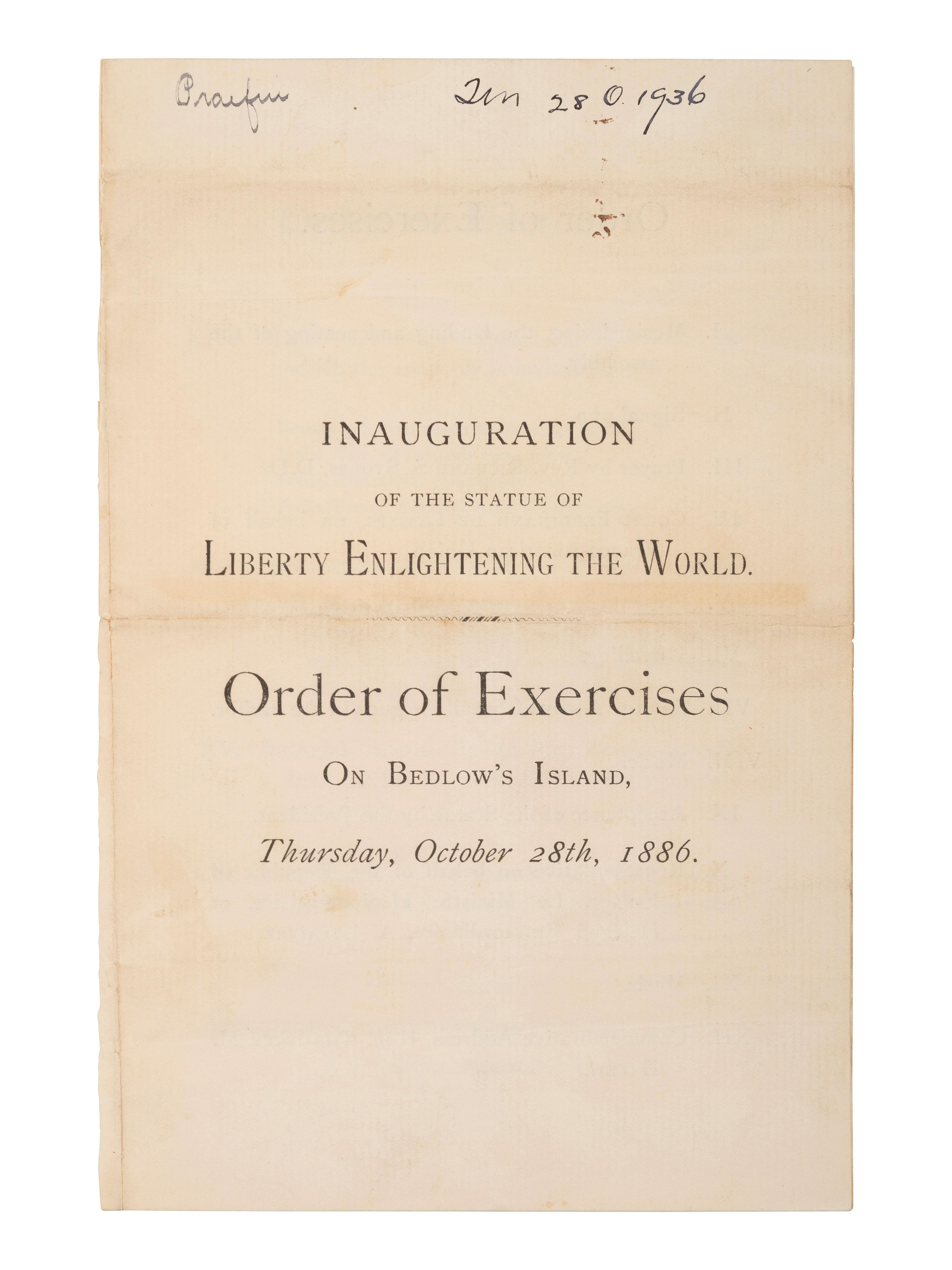 [NEW YORK]. A group of 3 items celebrating the unveiling of the Statue of Liberty, incl. Tiffany invitation, silk souvenir ribbon, and program.