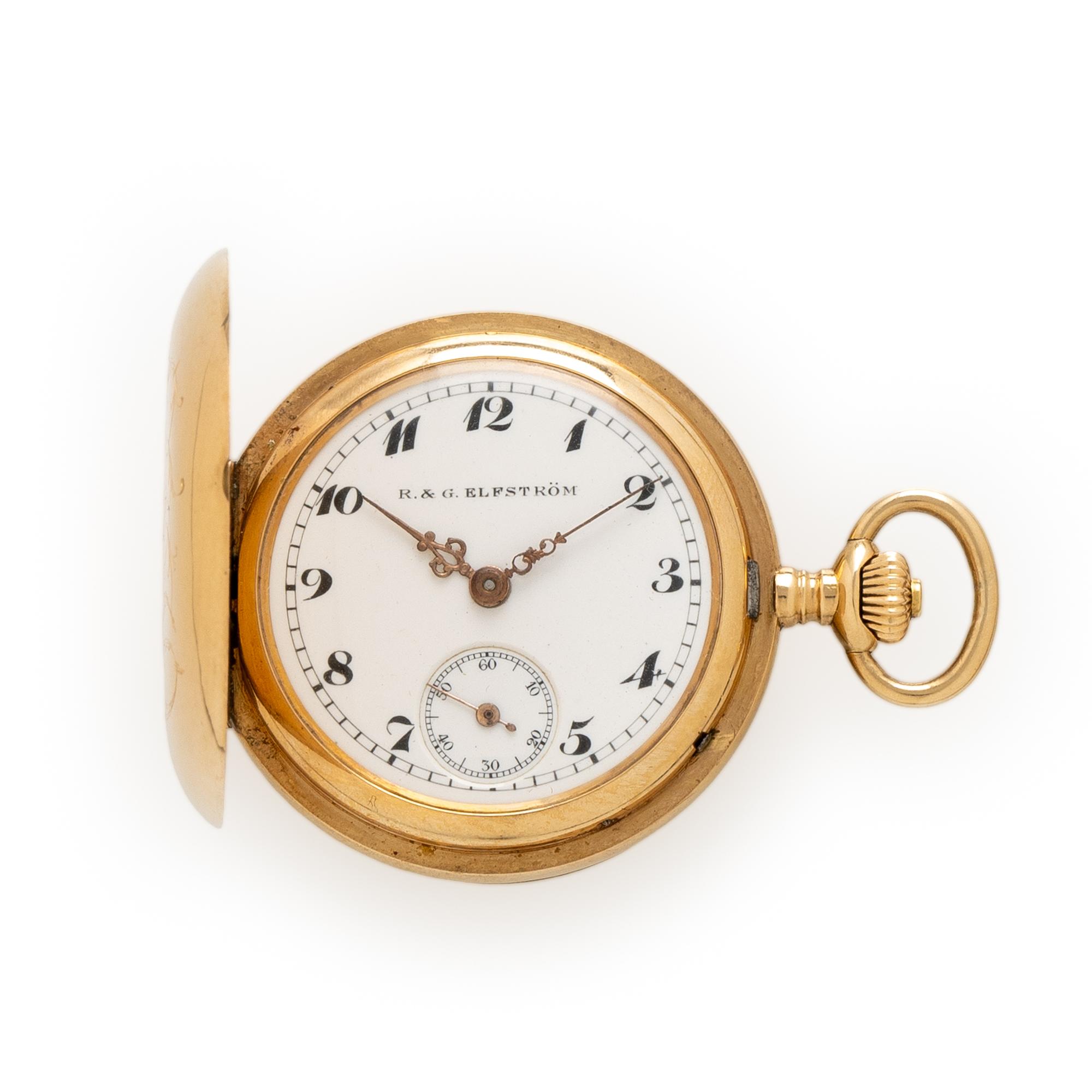 R&G ELFSTROM AND IWC, 14K YELLOW GOLD HUNTER CASE POCKET WATCH