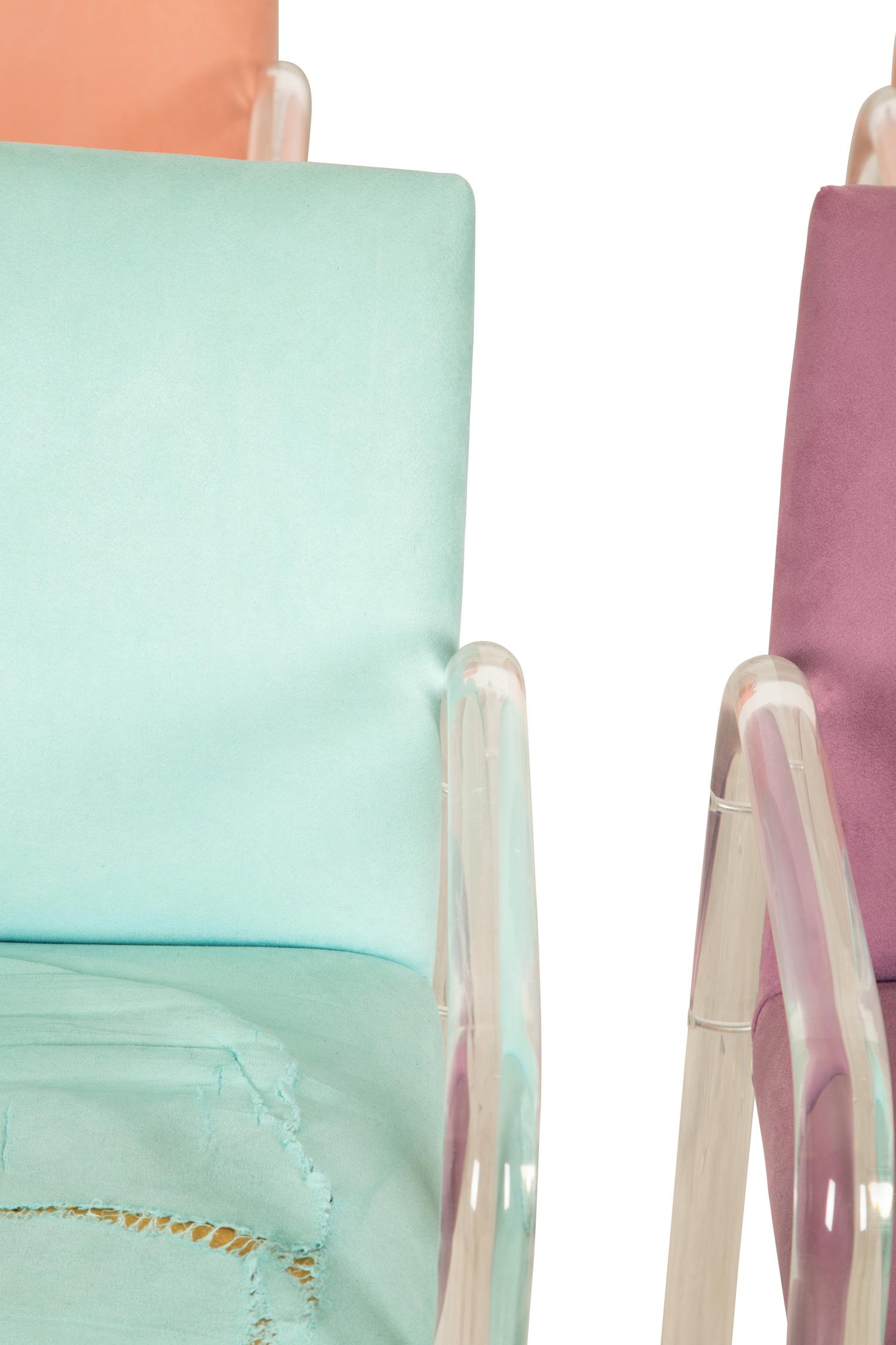 Eight Lucite and Upholstery Open Armchairs