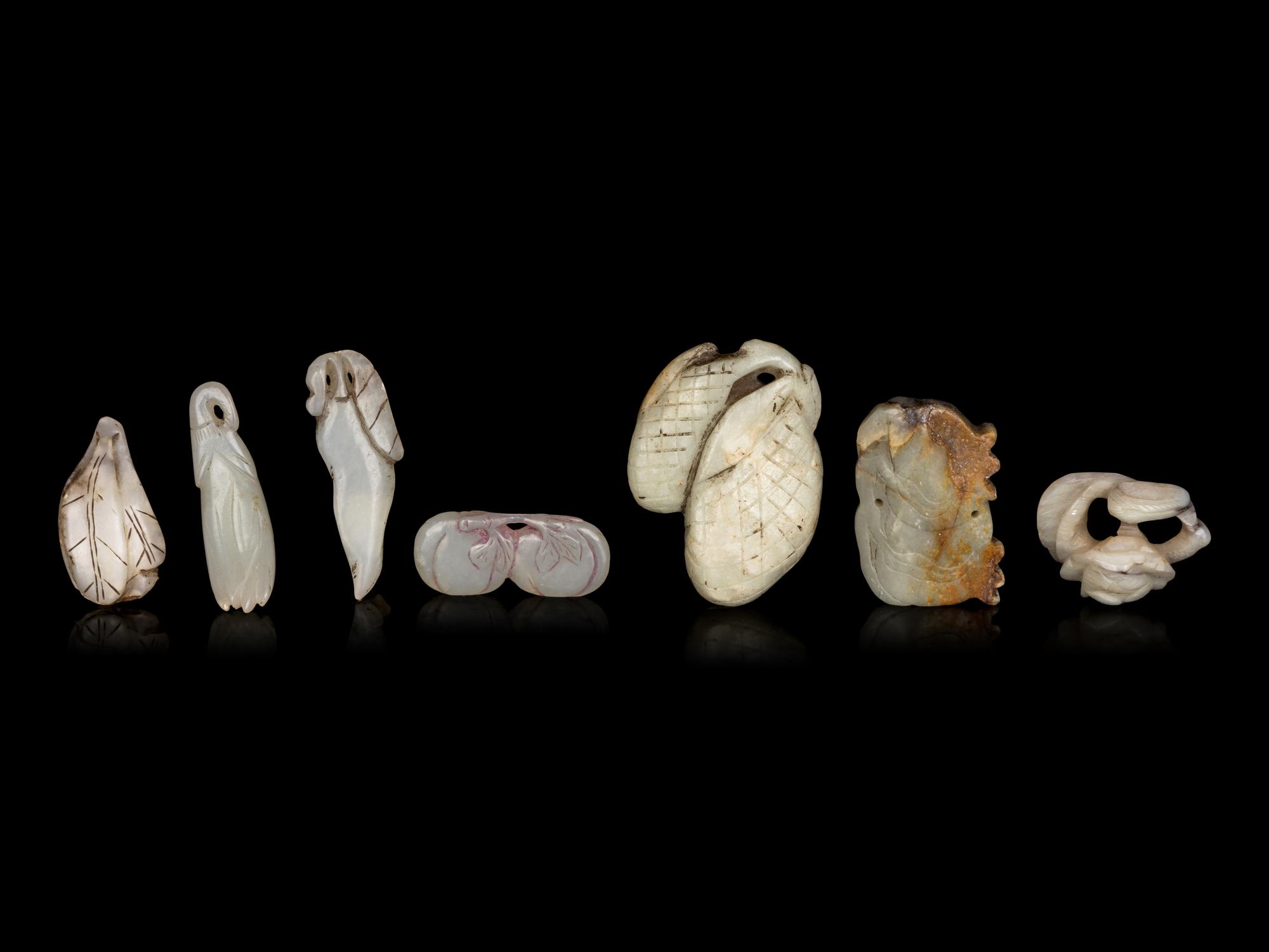 Seven Chinese Celadon Jade Carvings of Fruits