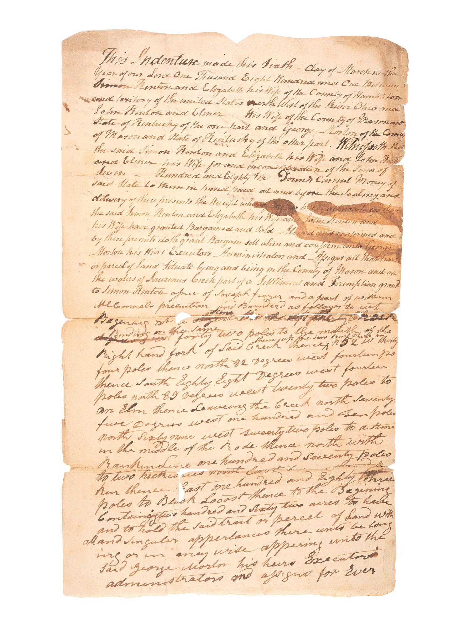 KENTON, Simon (1755-1836). Manuscript land indenture signed ("Simon Kenton"), 6 March 1801.